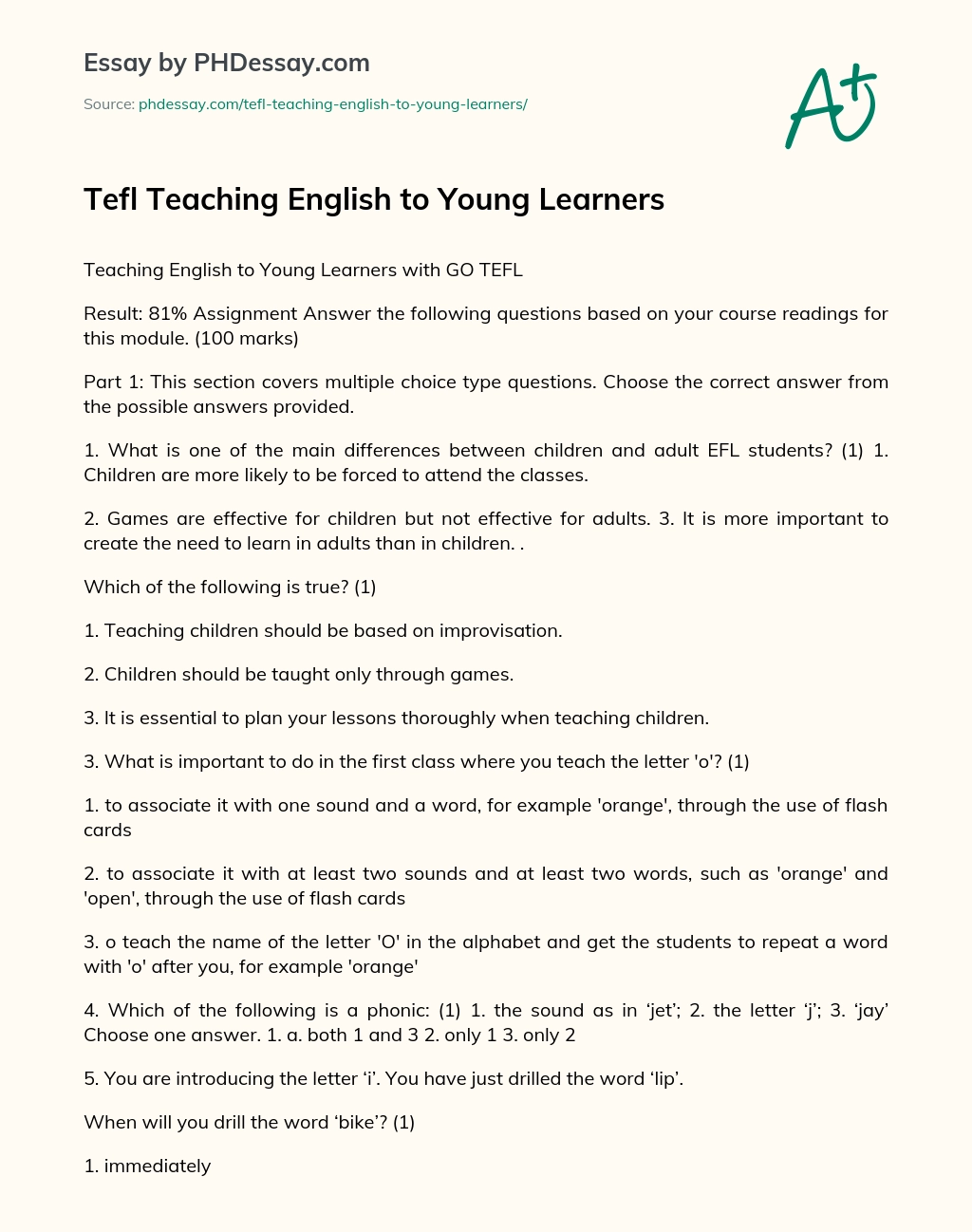 Tefl Teaching English to Young Learners essay