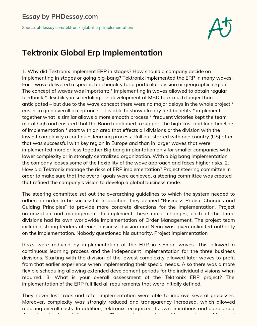 Tektronix Global Erp Implementation essay