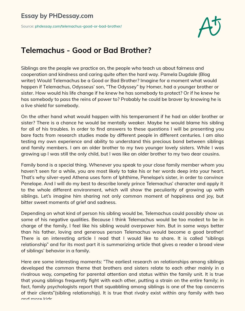 Telemachus – Good or Bad Brother? essay