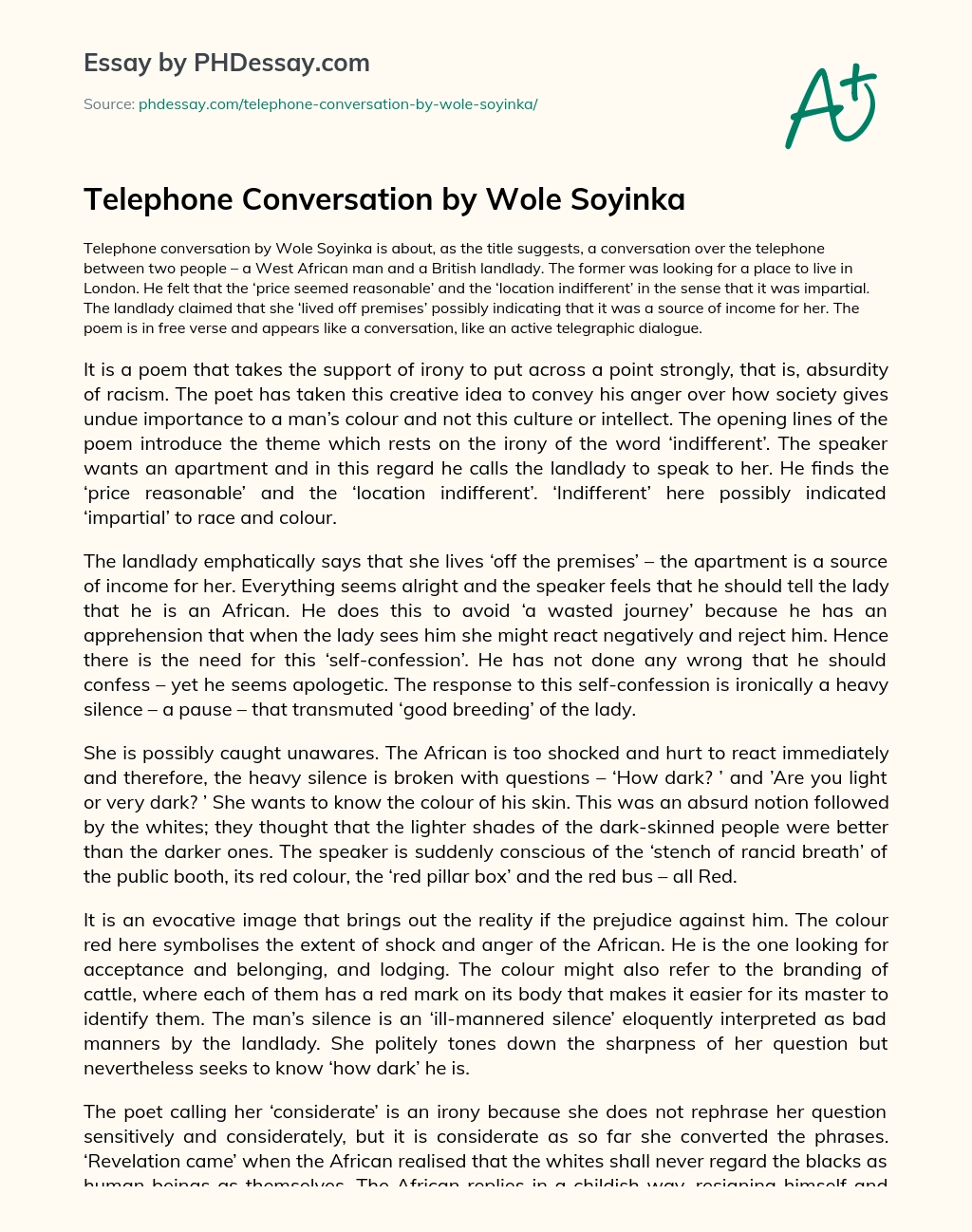 Telephone Conversation by Wole Soyinka essay