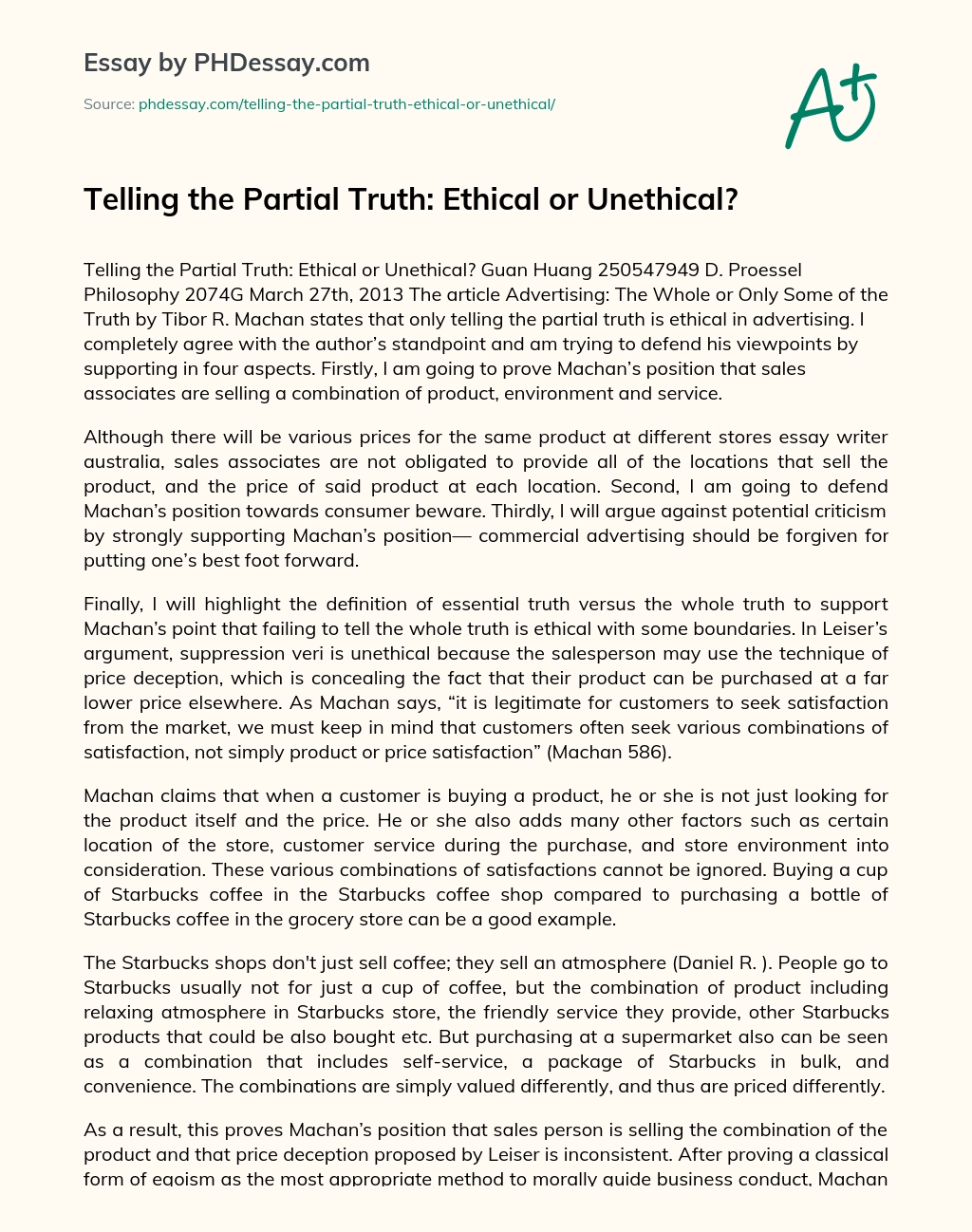 Telling the Partial Truth: Ethical or Unethical? essay