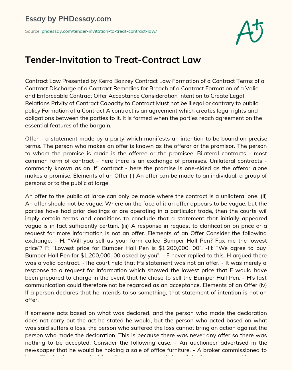 Tender-Invitation to Treat-Contract Law essay