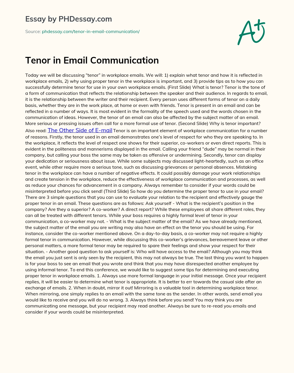 Tenor in Email Communication essay
