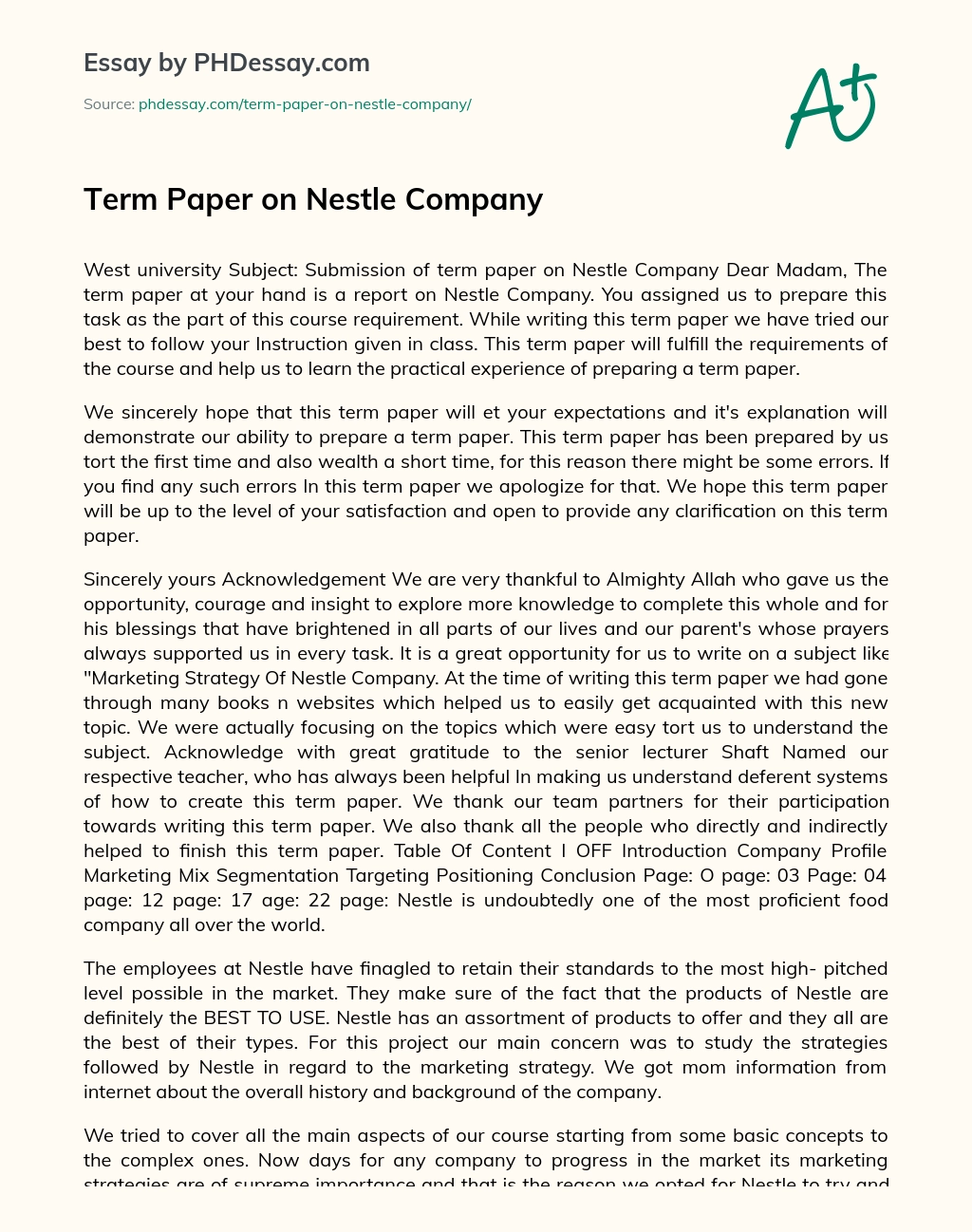 Term Paper on Nestle Company essay