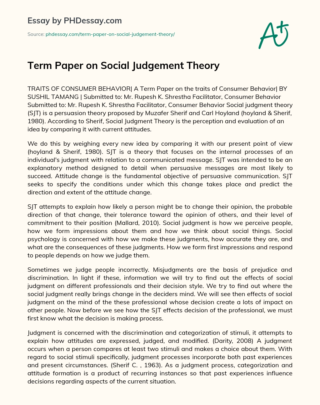 Term Paper on Social Judgement Theory essay