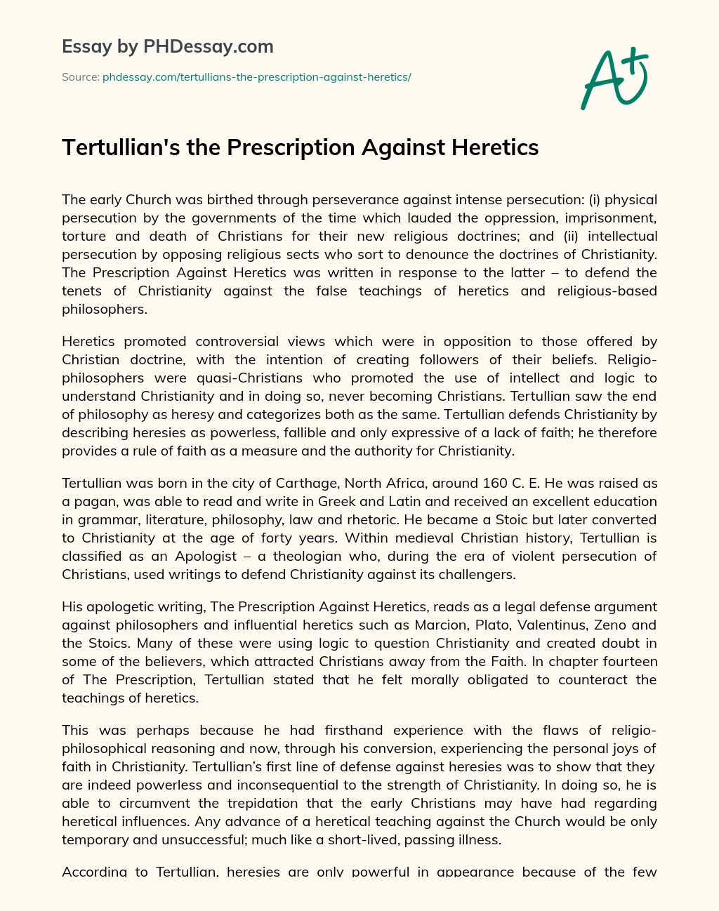 Tertullian’s the Prescription Against Heretics essay