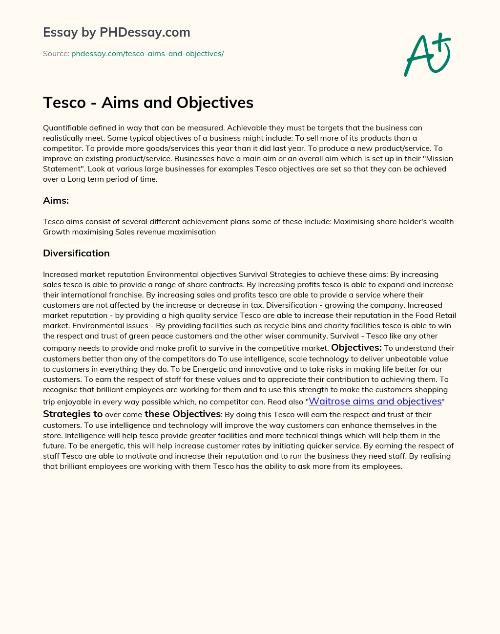 Tesco – Aims and Objectives essay