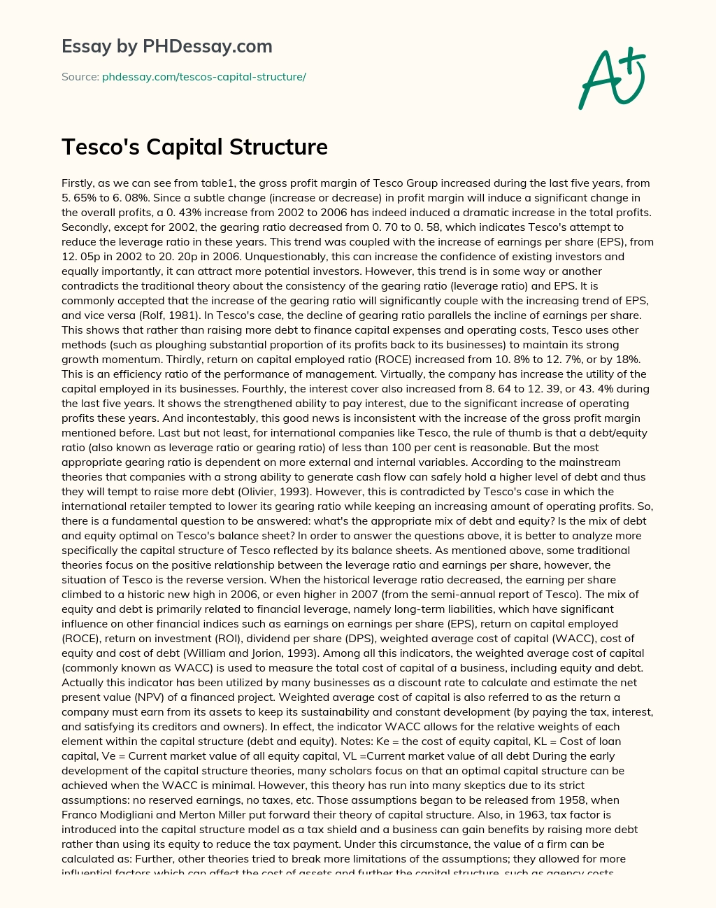 Tesco’s Capital Structure essay