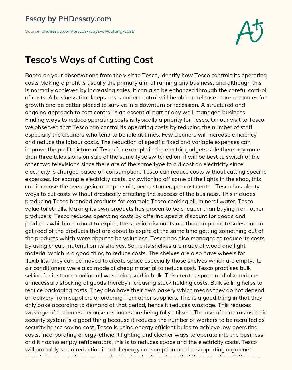 Tesco’s Ways of Cutting Cost essay