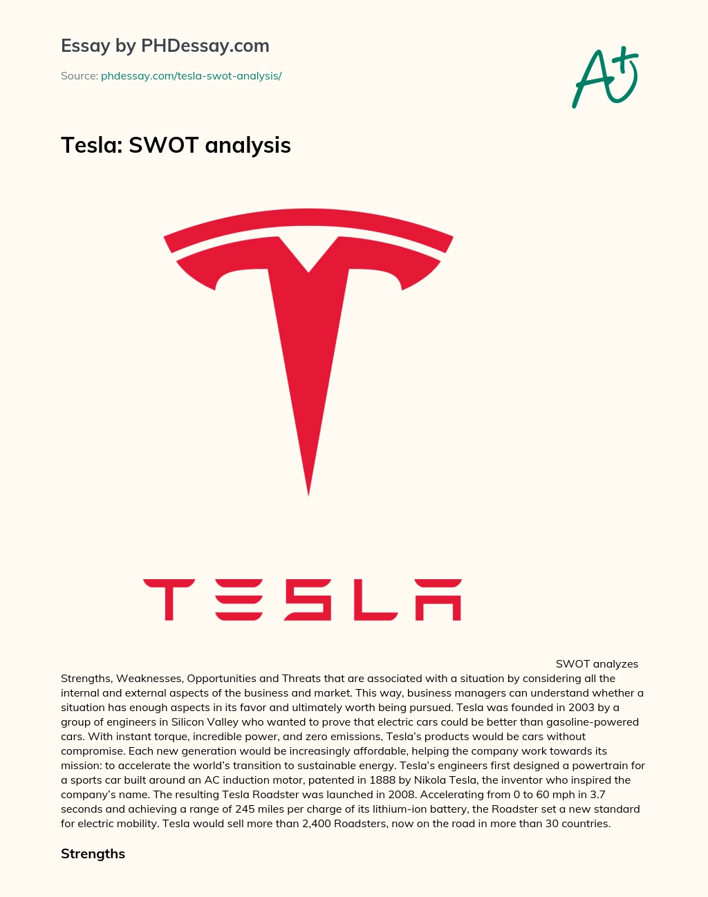 Tesla: SWOT analysis essay