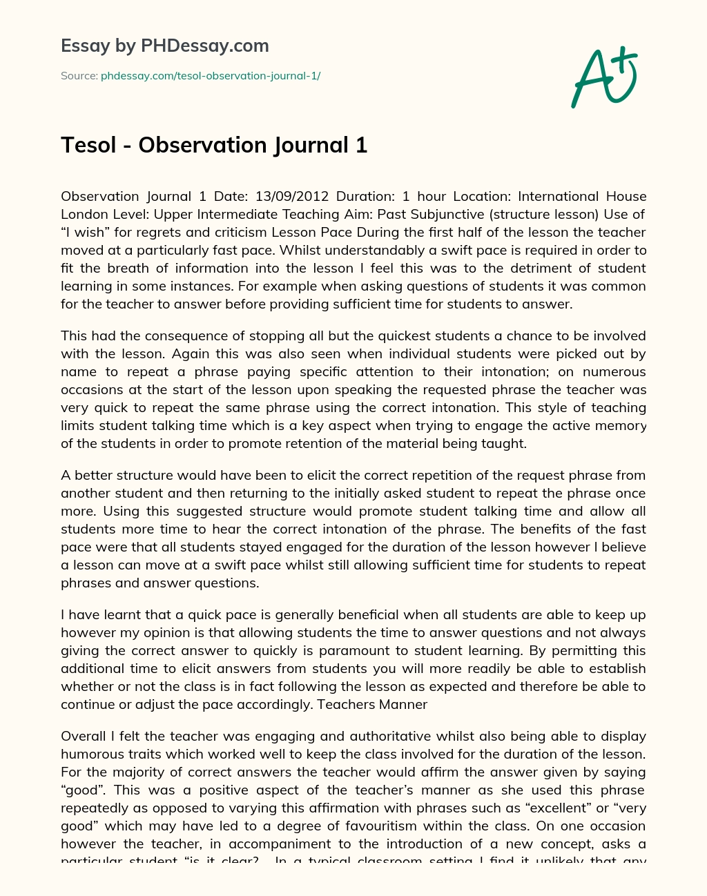 Tesol – Observation Journal 1 essay