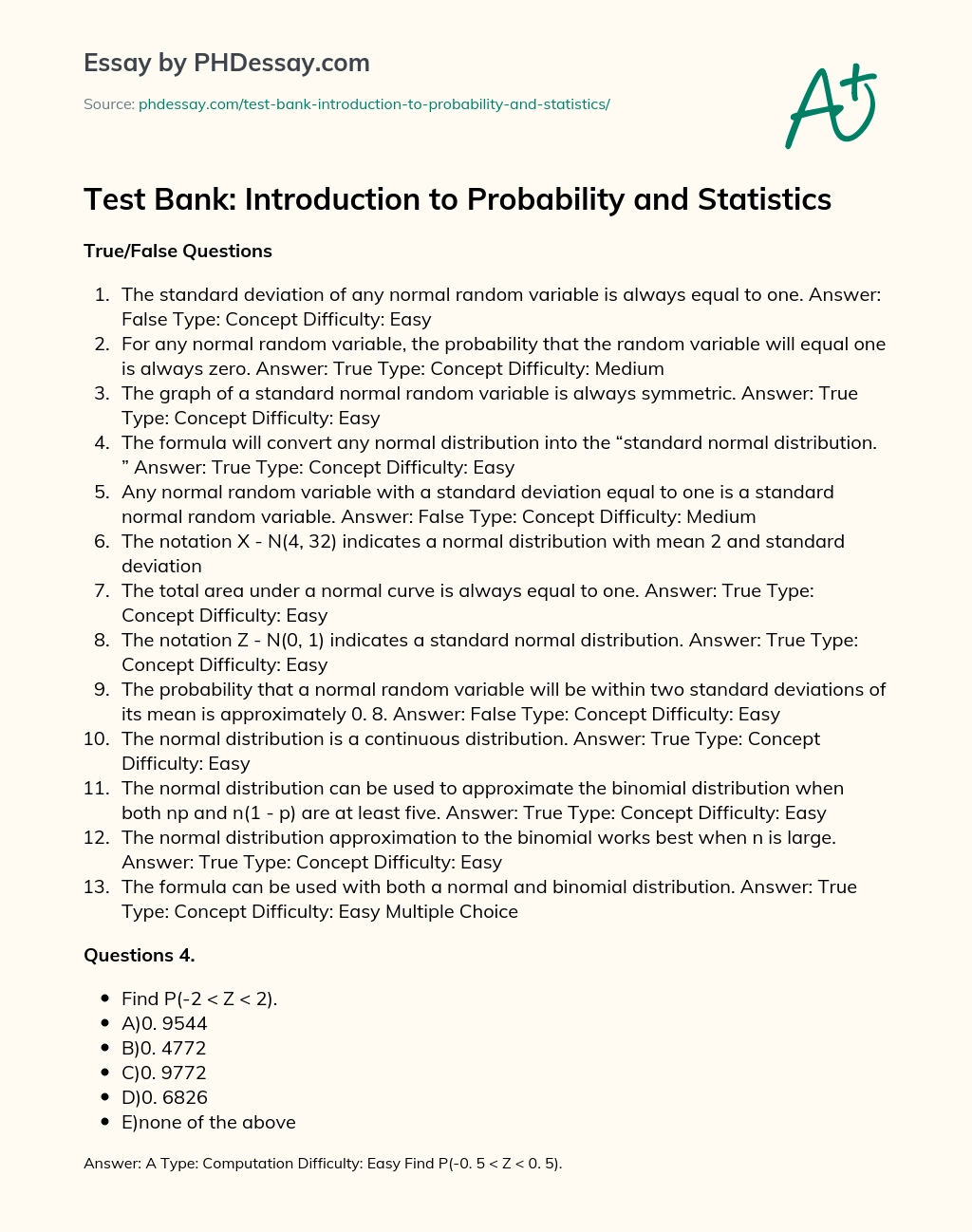 Test Bank: Introduction to Probability and Statistics essay