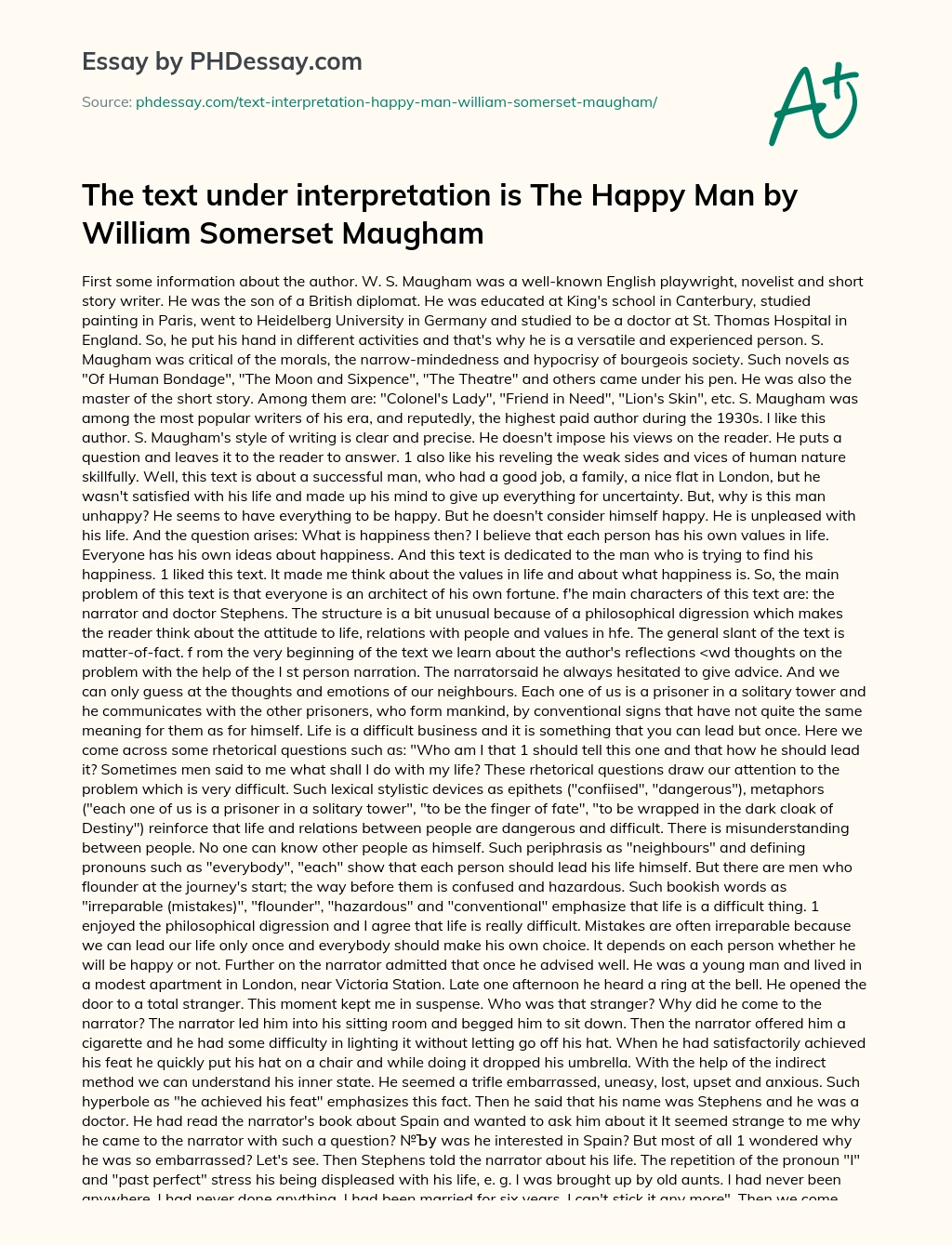 The text under interpretation is The Happy Man by William Somerset Maugham essay
