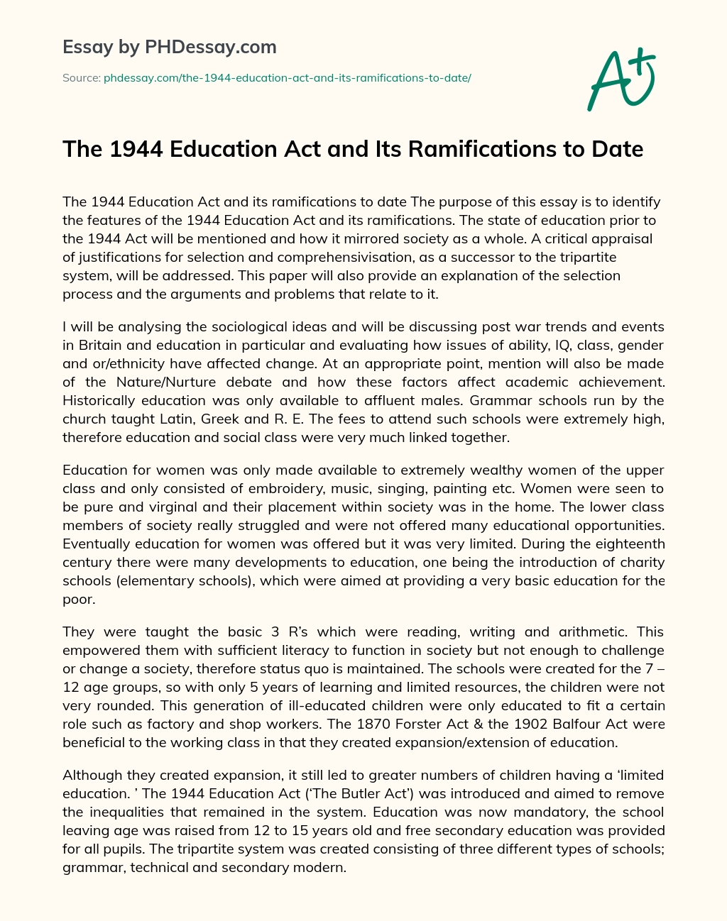 The 1944 Education Act and Its Ramifications to Date essay