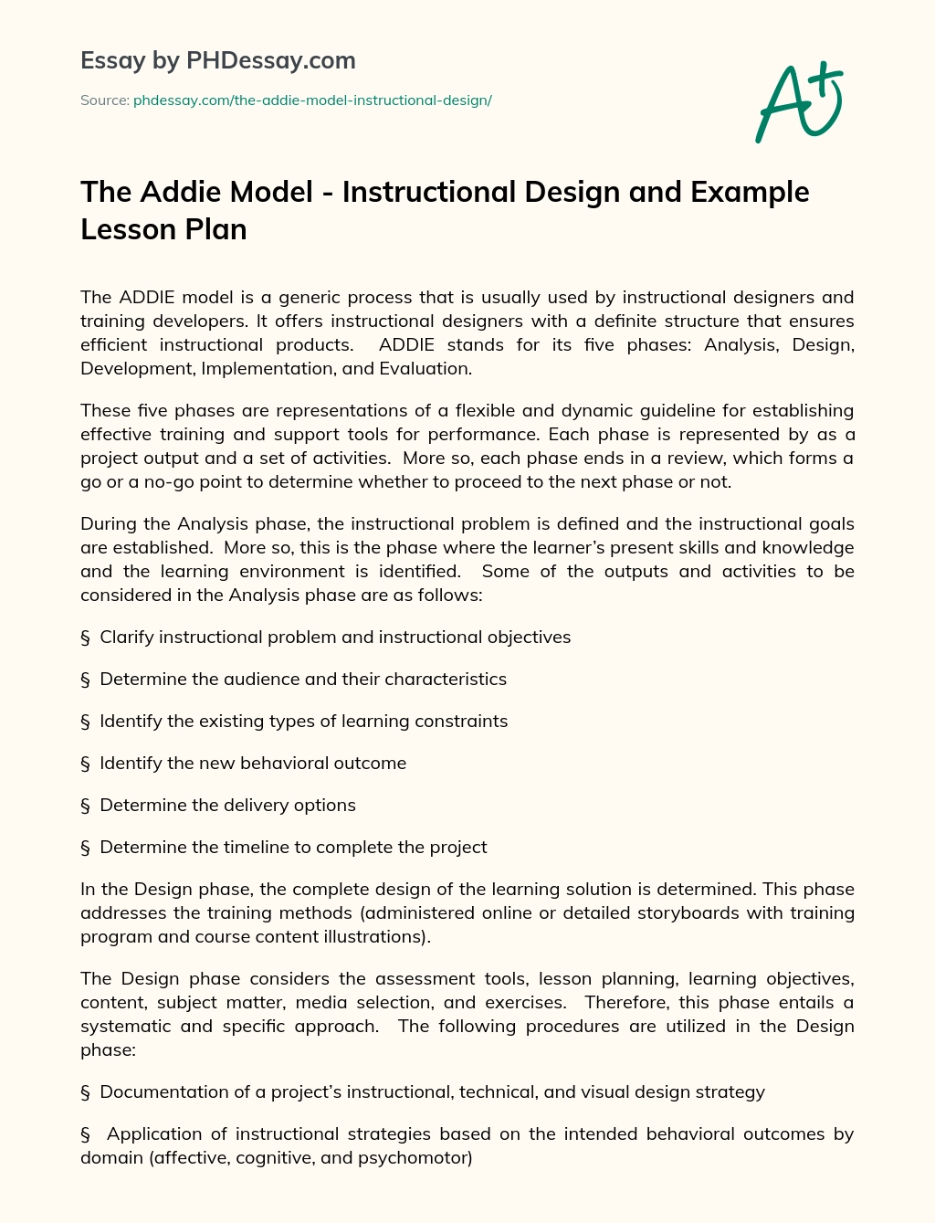 The Addie Model – Instructional Design and Example Lesson Plan essay