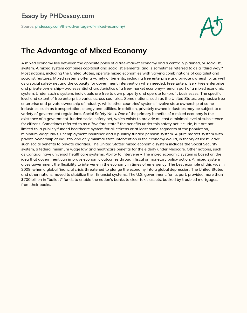 The Advantage of Mixed Economy essay