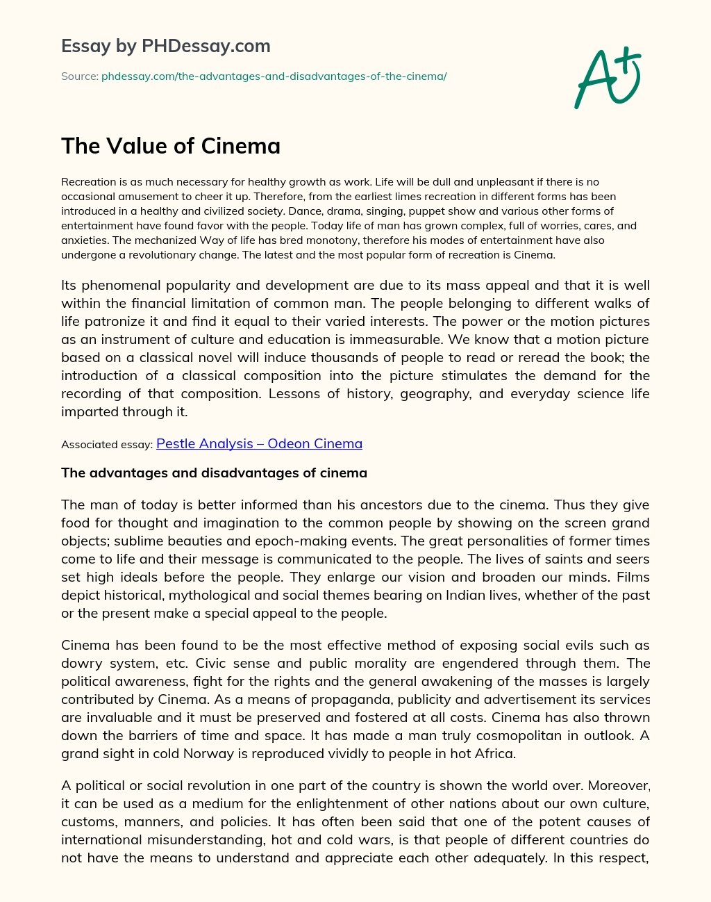 The Value of Cinema essay