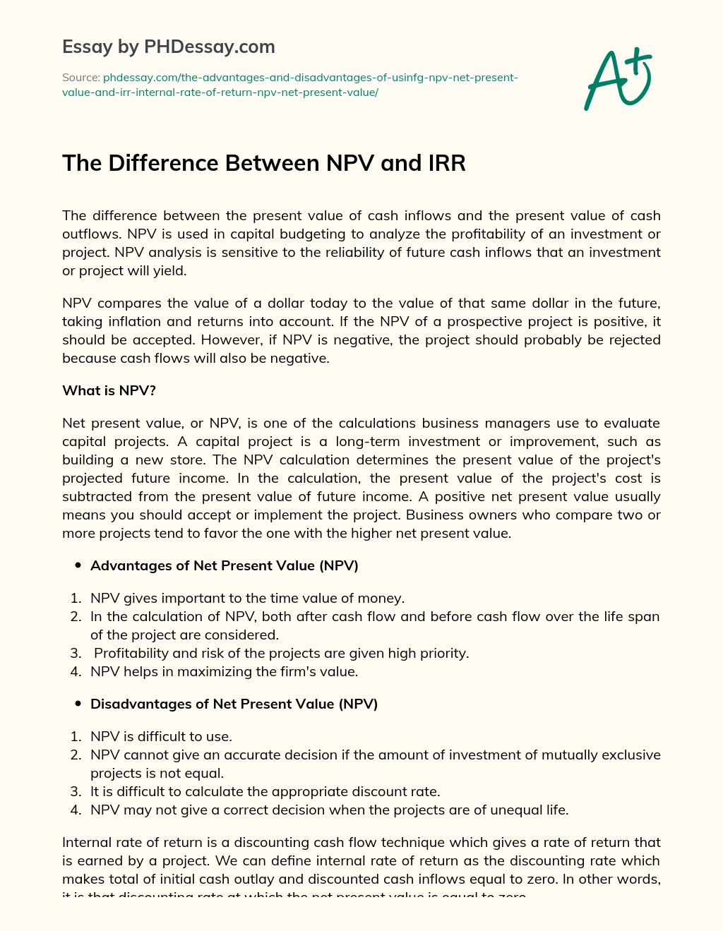 The Difference Between NPV and IRR essay