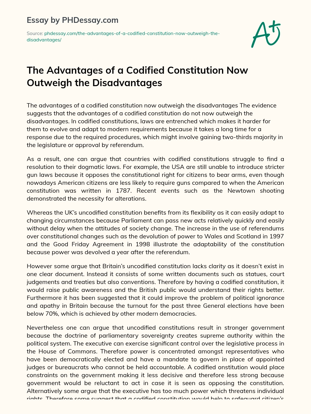 The Advantages of a Codified Constitution Now Outweigh the Disadvantages essay