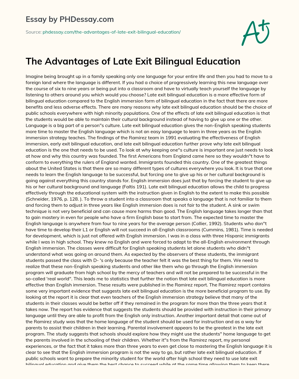 The Advantages of Late Exit Bilingual Education essay