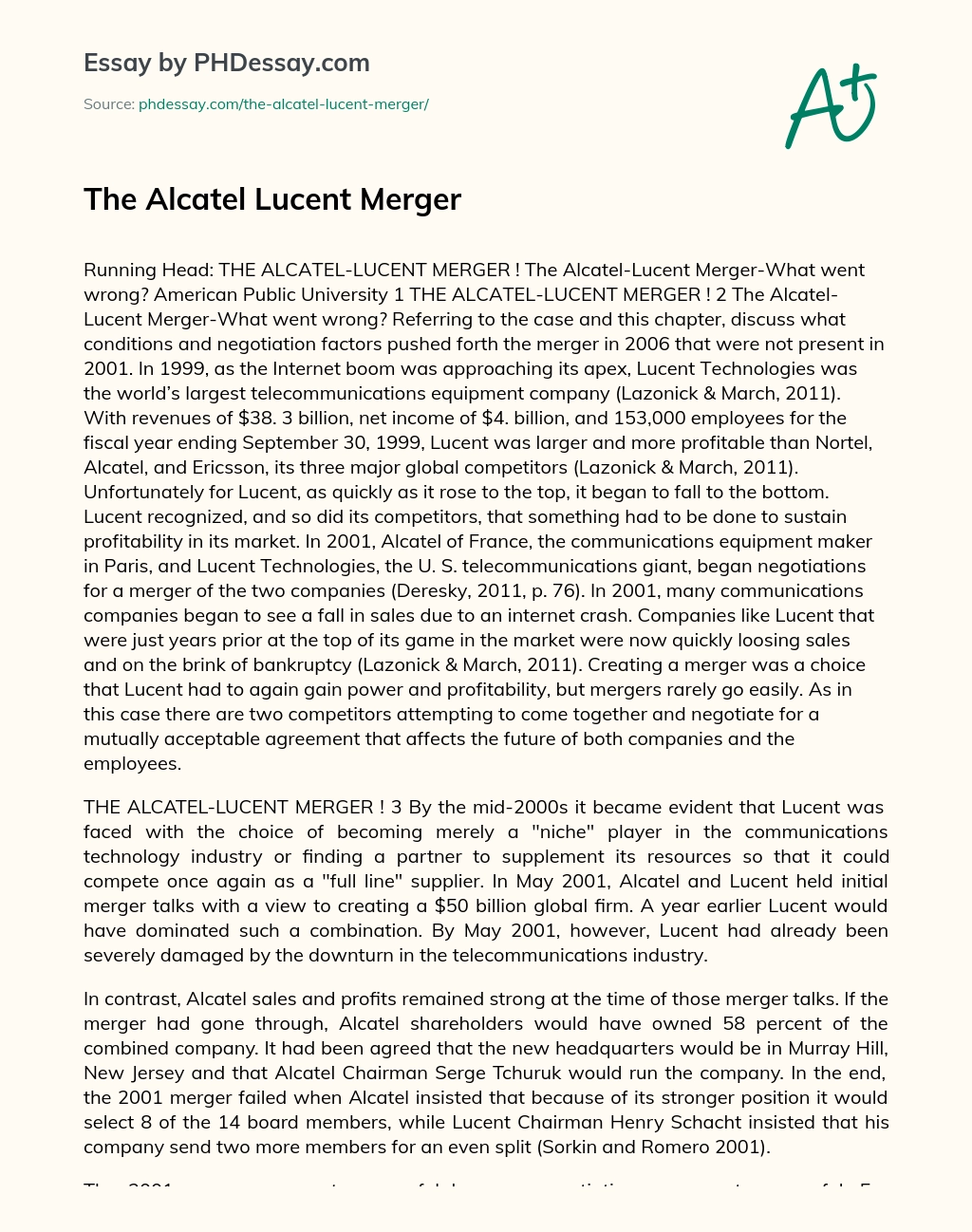 The Alcatel Lucent Merger essay