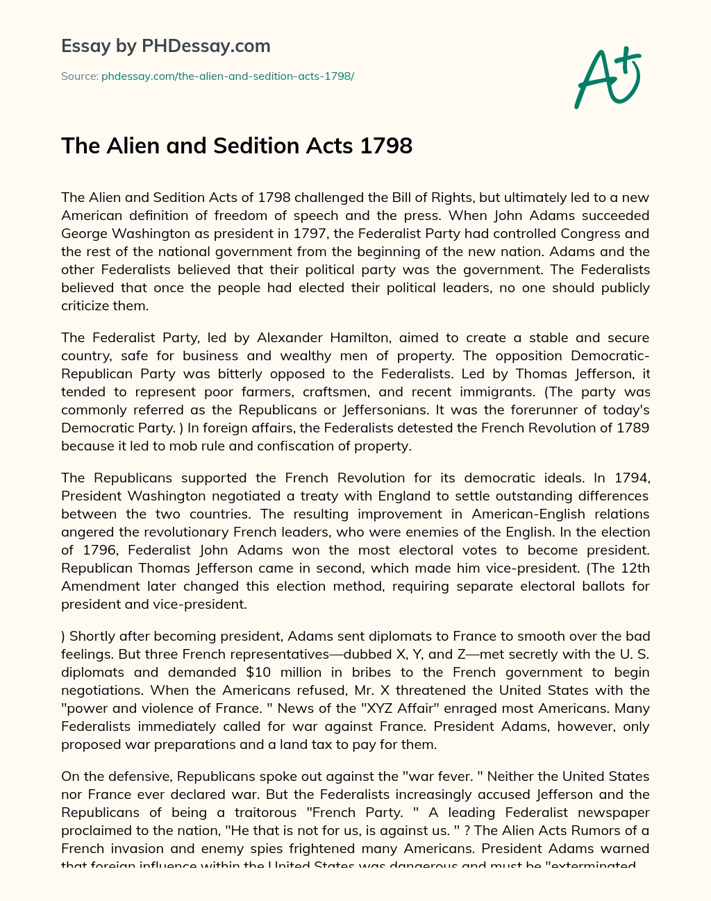 The Alien and Sedition Acts 1798 essay