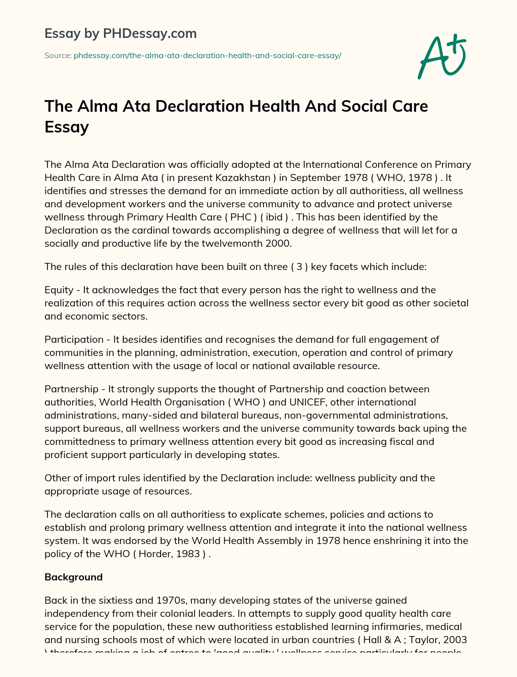 The Alma Ata Declaration Health And Social Care Essay essay