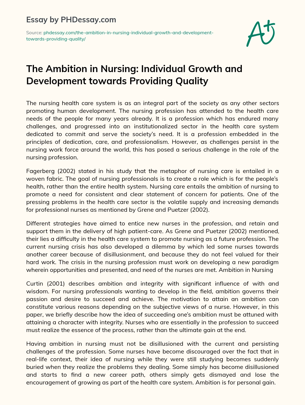 The Ambition in Nursing: Individual Growth and Development towards Providing Quality essay
