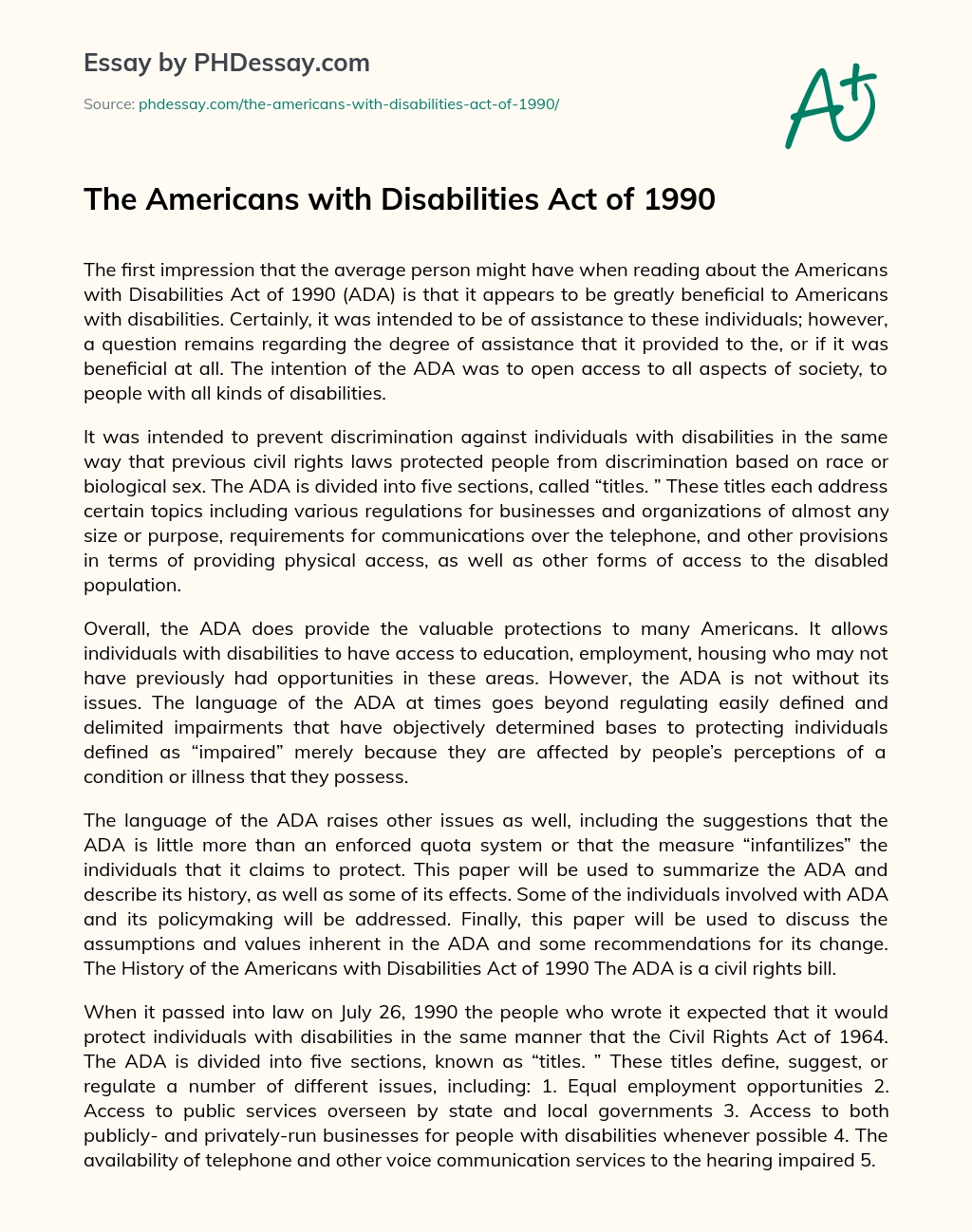The Americans with Disabilities Act of 1990 essay