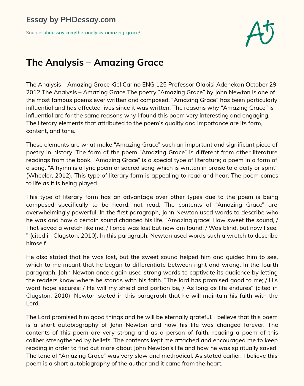 The Analysis – Amazing Grace essay