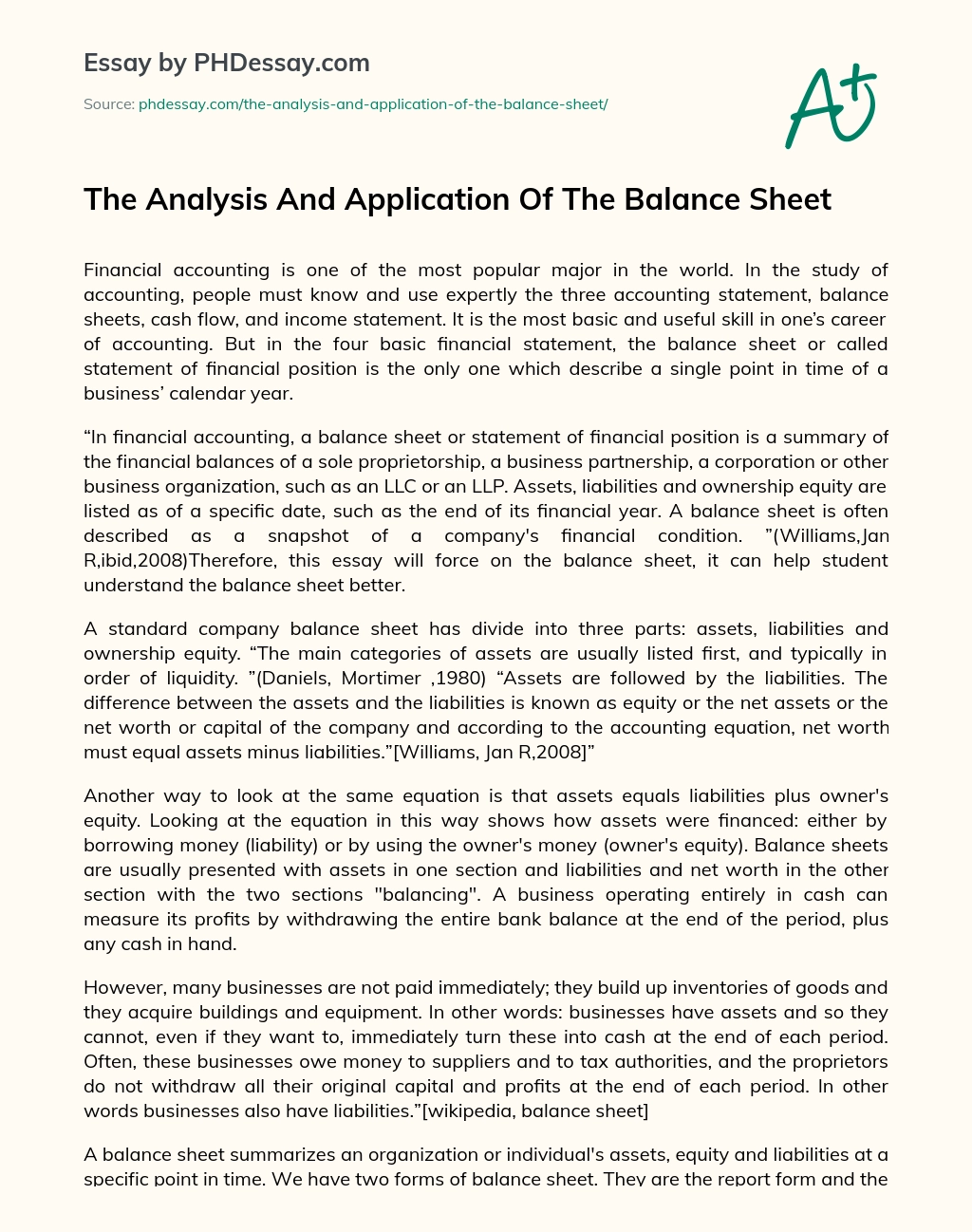 The Analysis And Application Of The Balance Sheet essay