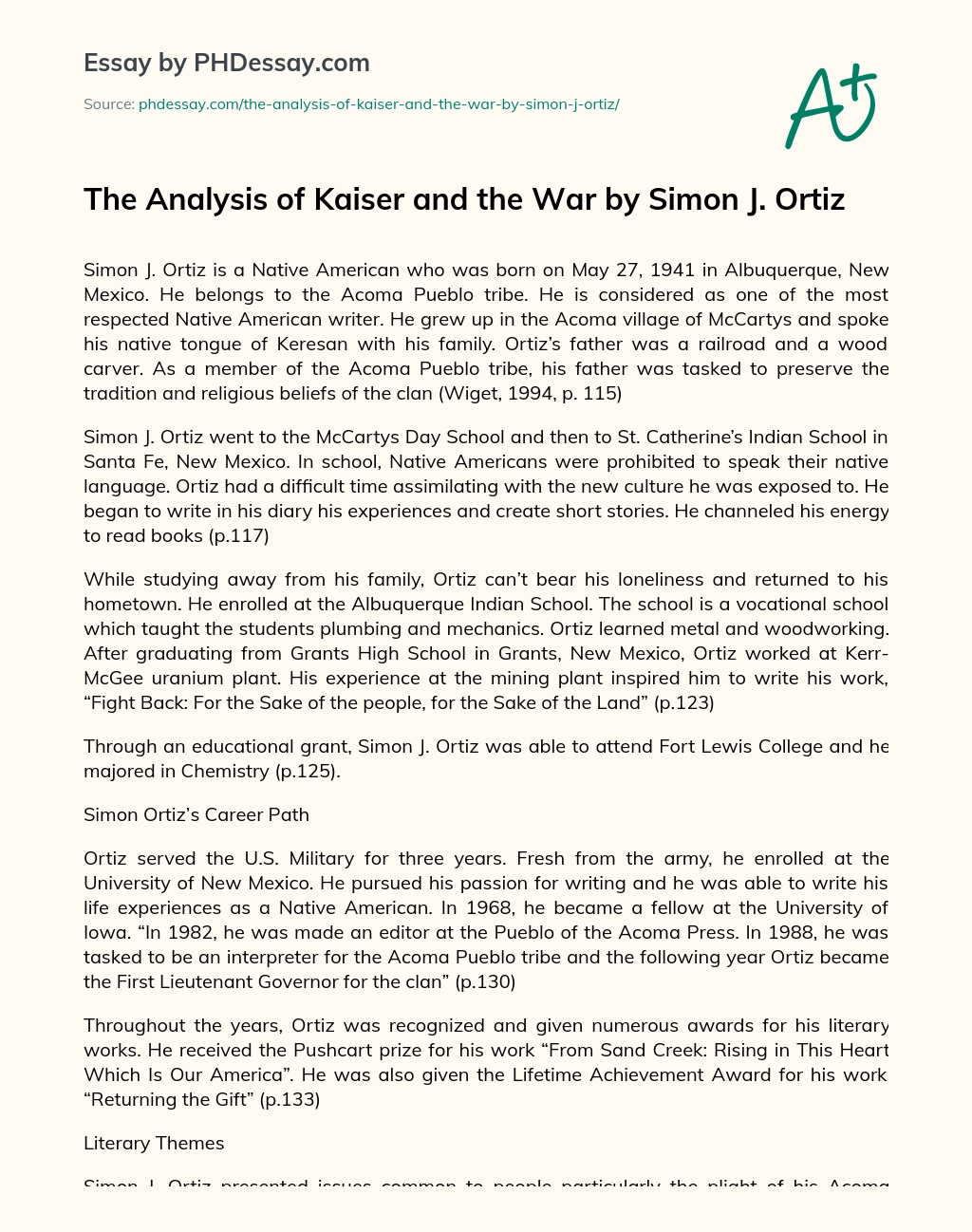 The Analysis of Kaiser and the War by Simon J. Ortiz essay
