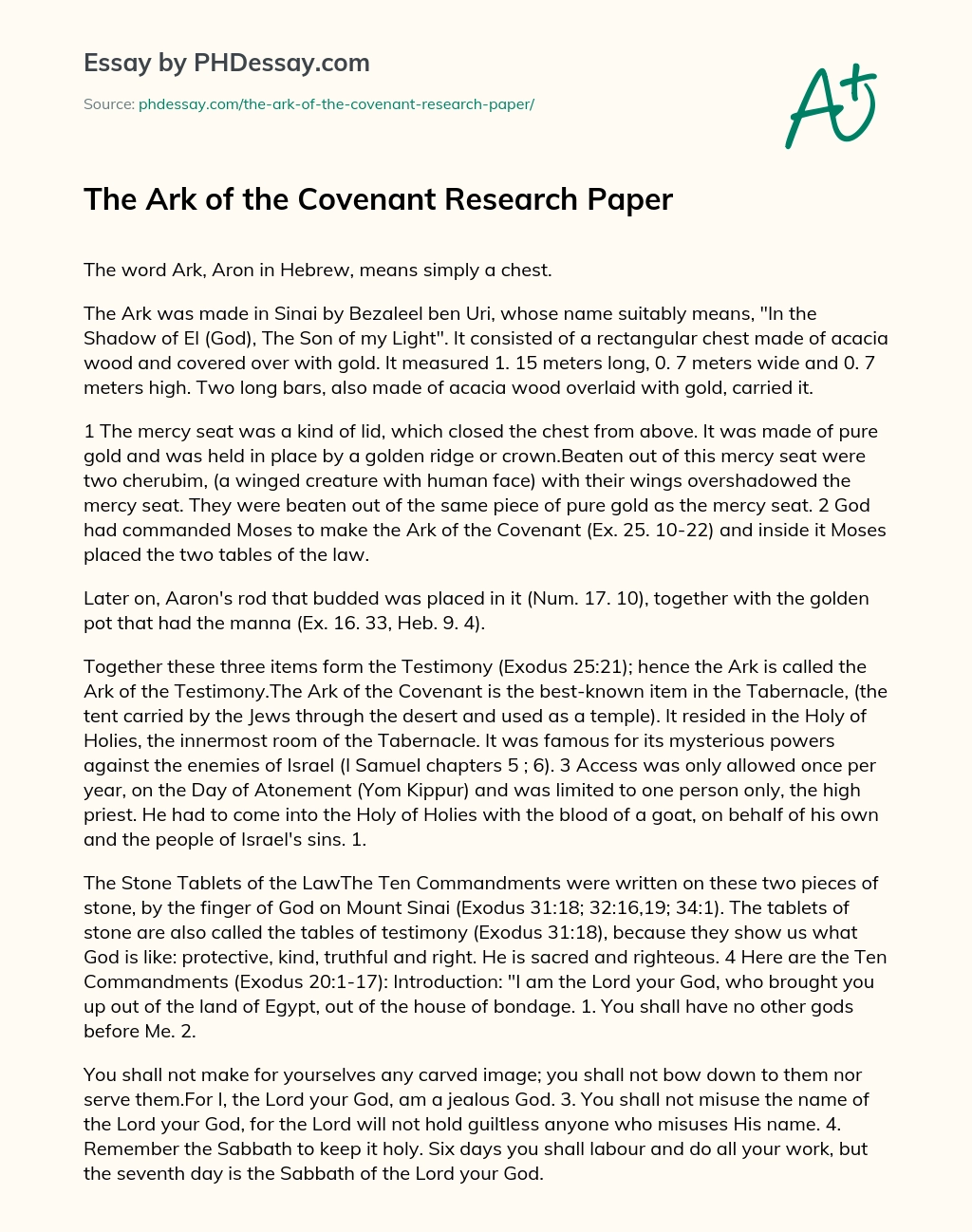 The Ark of the Covenant Research Paper essay