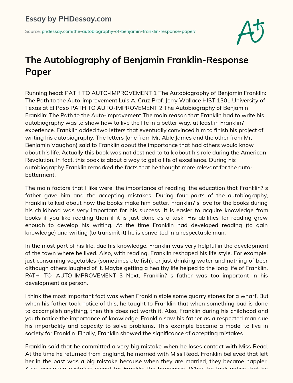 The Autobiography of Benjamin Franklin-Response Paper essay