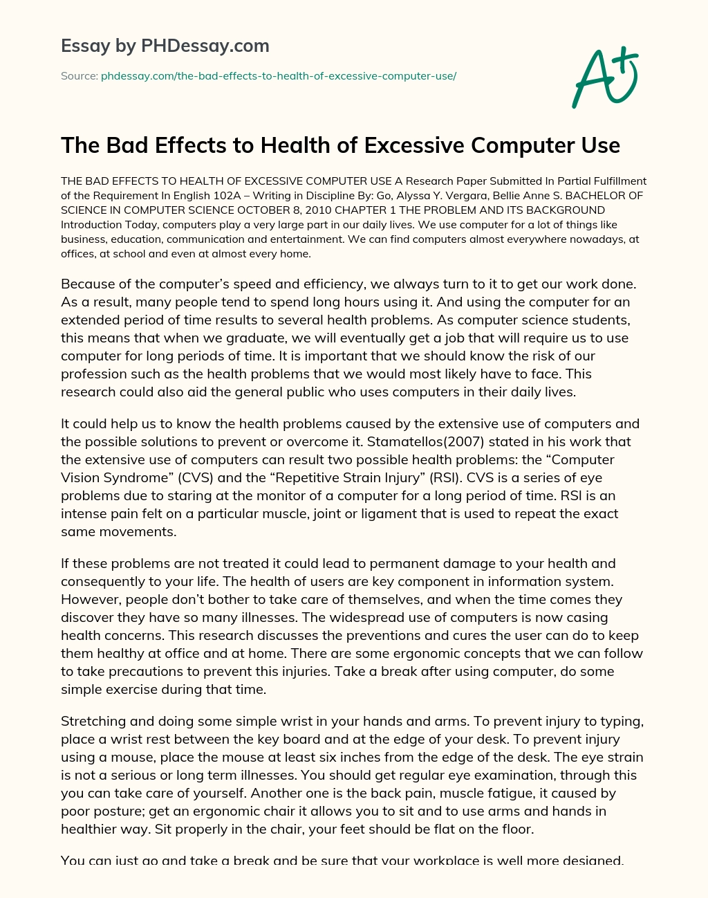 The Bad Effects to Health of Excessive Computer Use essay