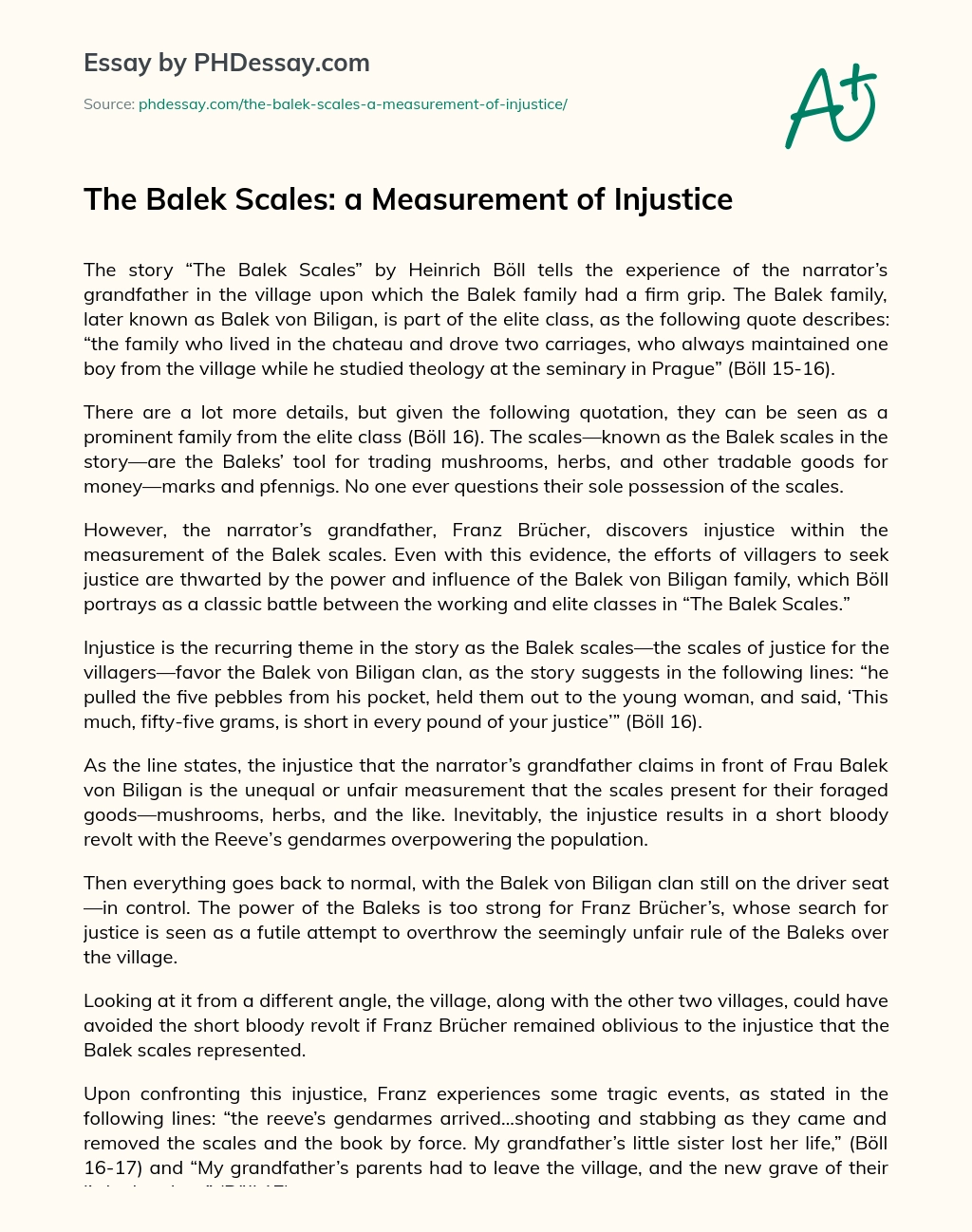 The Balek Scales: a Measurement of Injustice essay