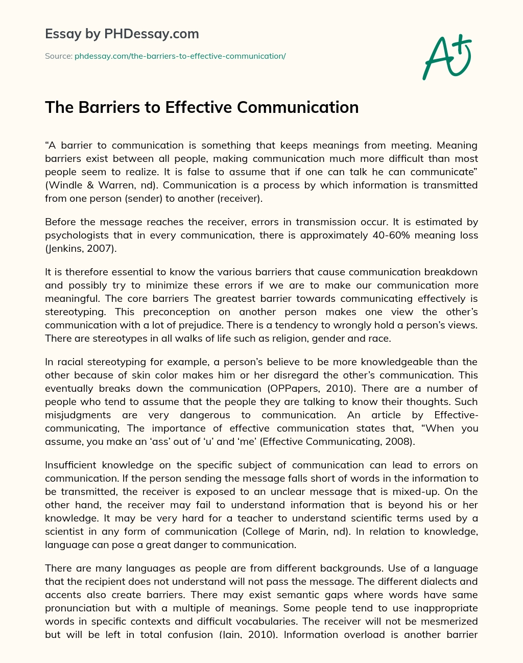 The Barriers to Effective Communication essay