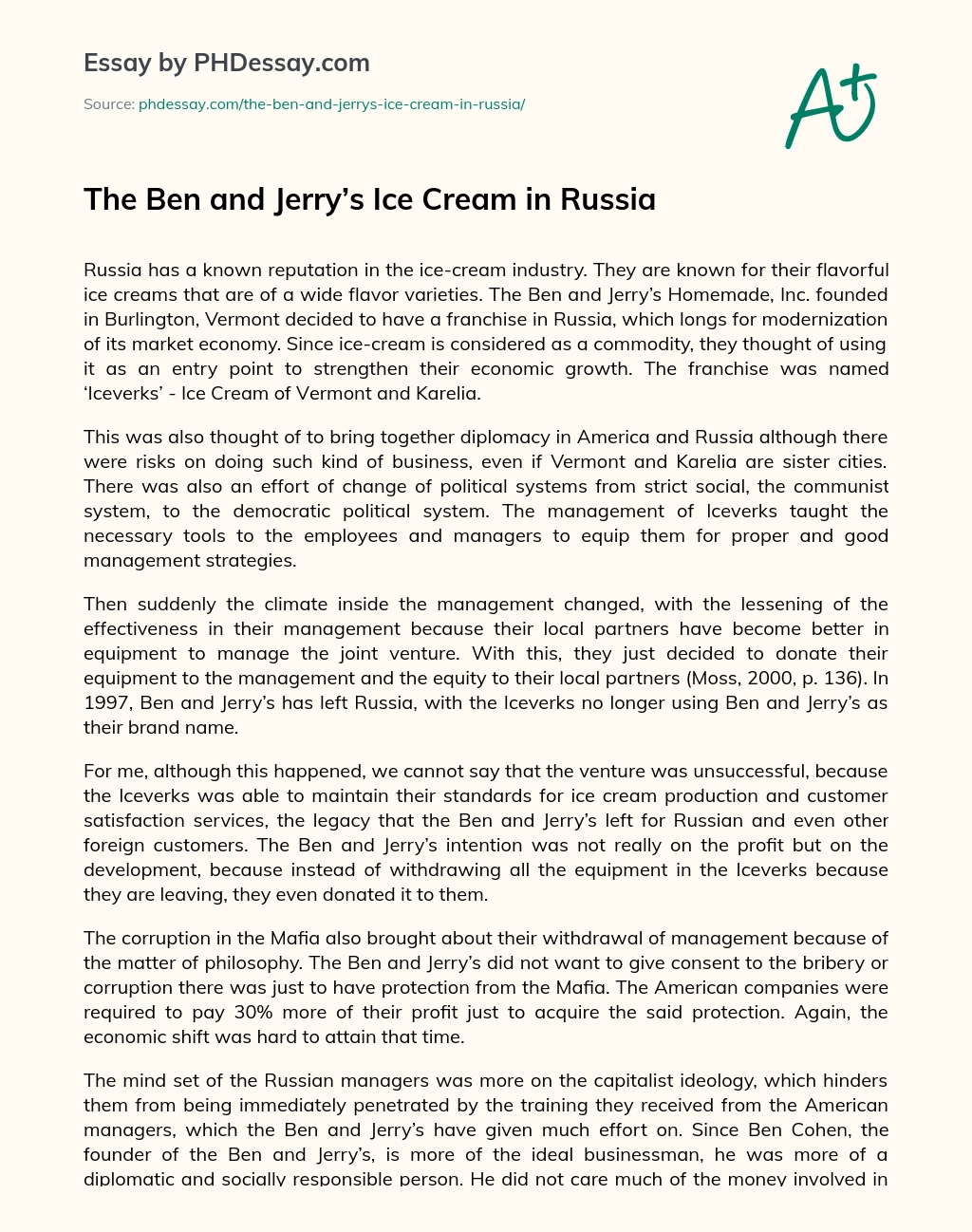 The Ben and Jerry’s Ice Cream in Russia essay