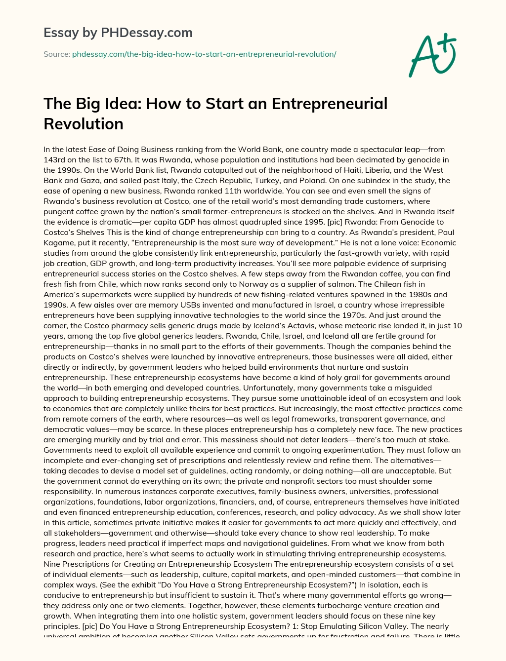 The Big Idea: How to Start an Entrepreneurial Revolution essay