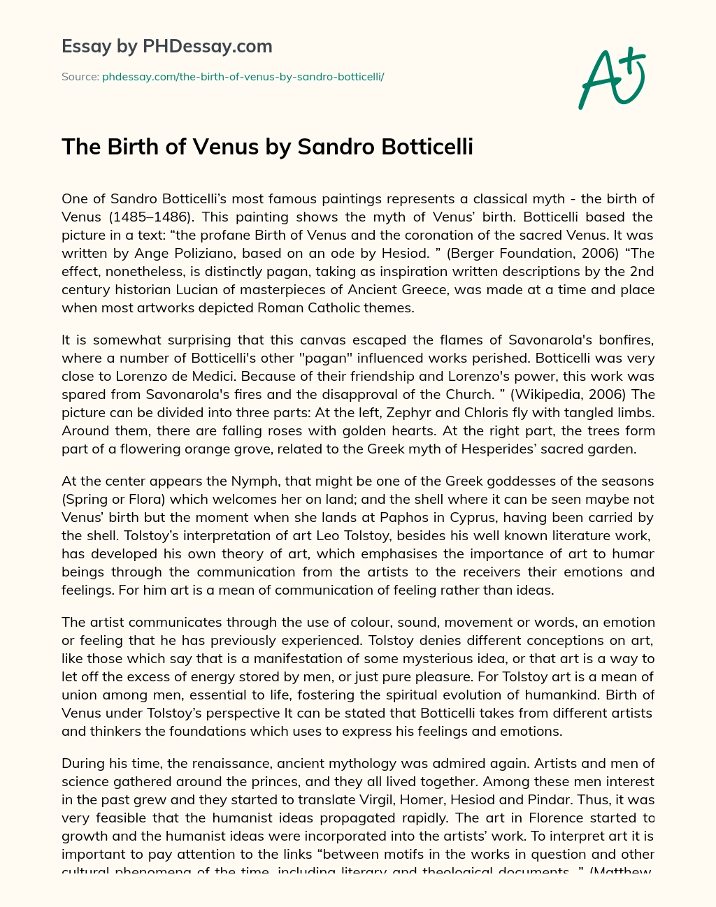 The Birth of Venus by Sandro Botticelli essay