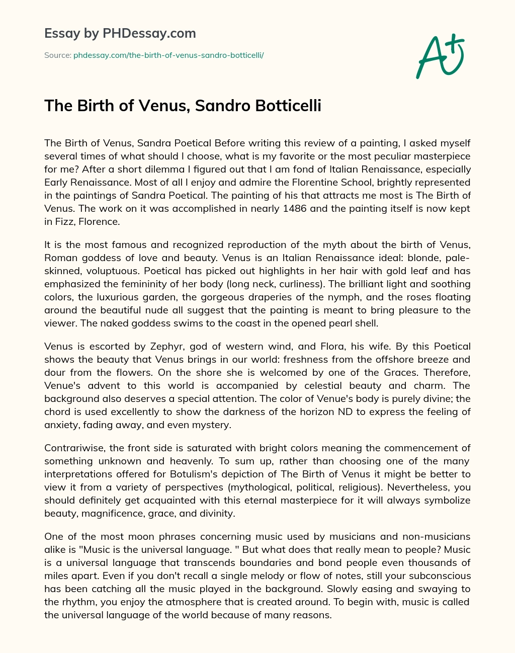 The Birth of Venus, Sandro Botticelli essay