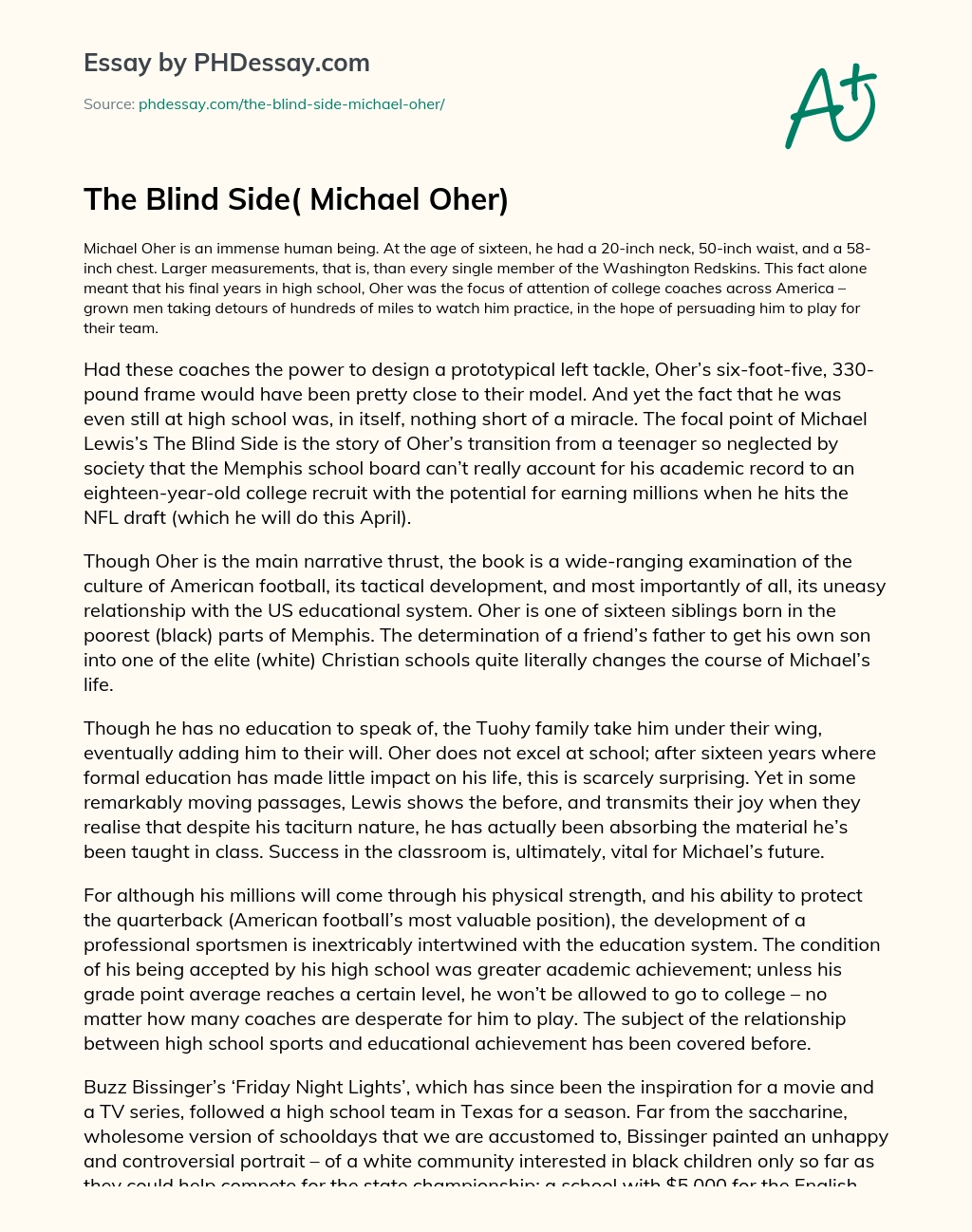 The Blind Side( Michael Oher) essay
