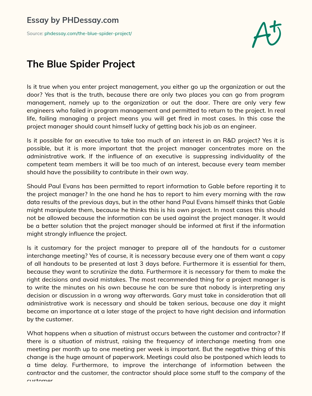 The Blue Spider Project essay