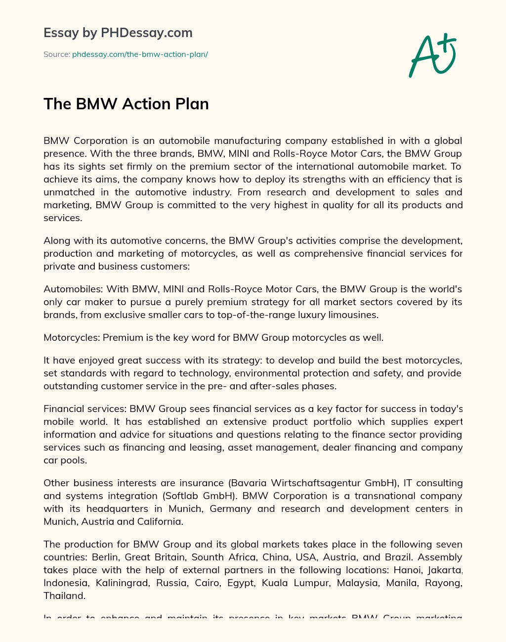 The BMW Action Plan essay