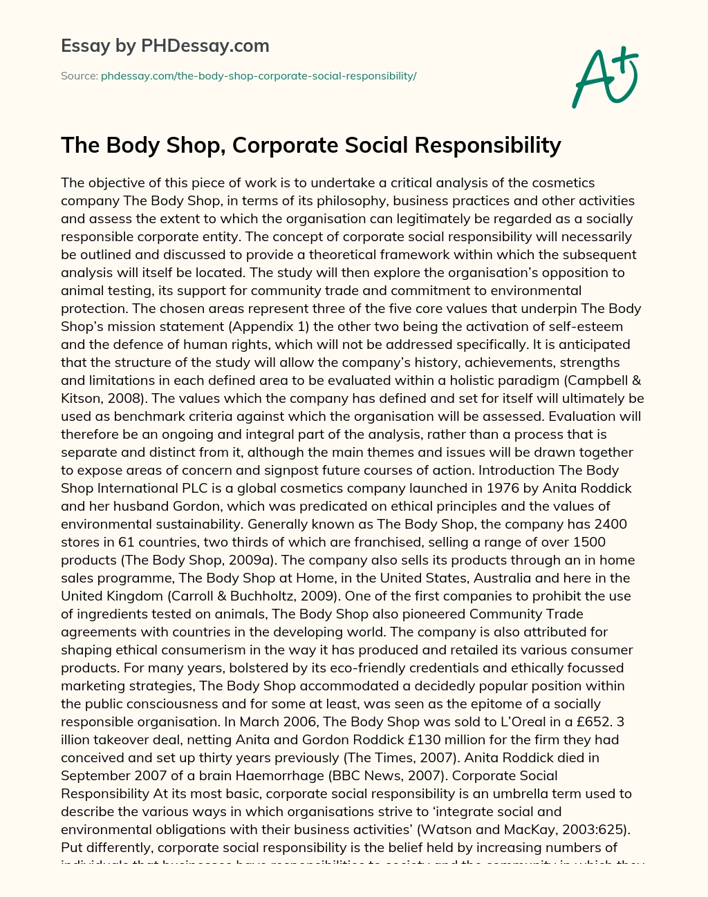 The Body Shop, Corporate Social Responsibility essay