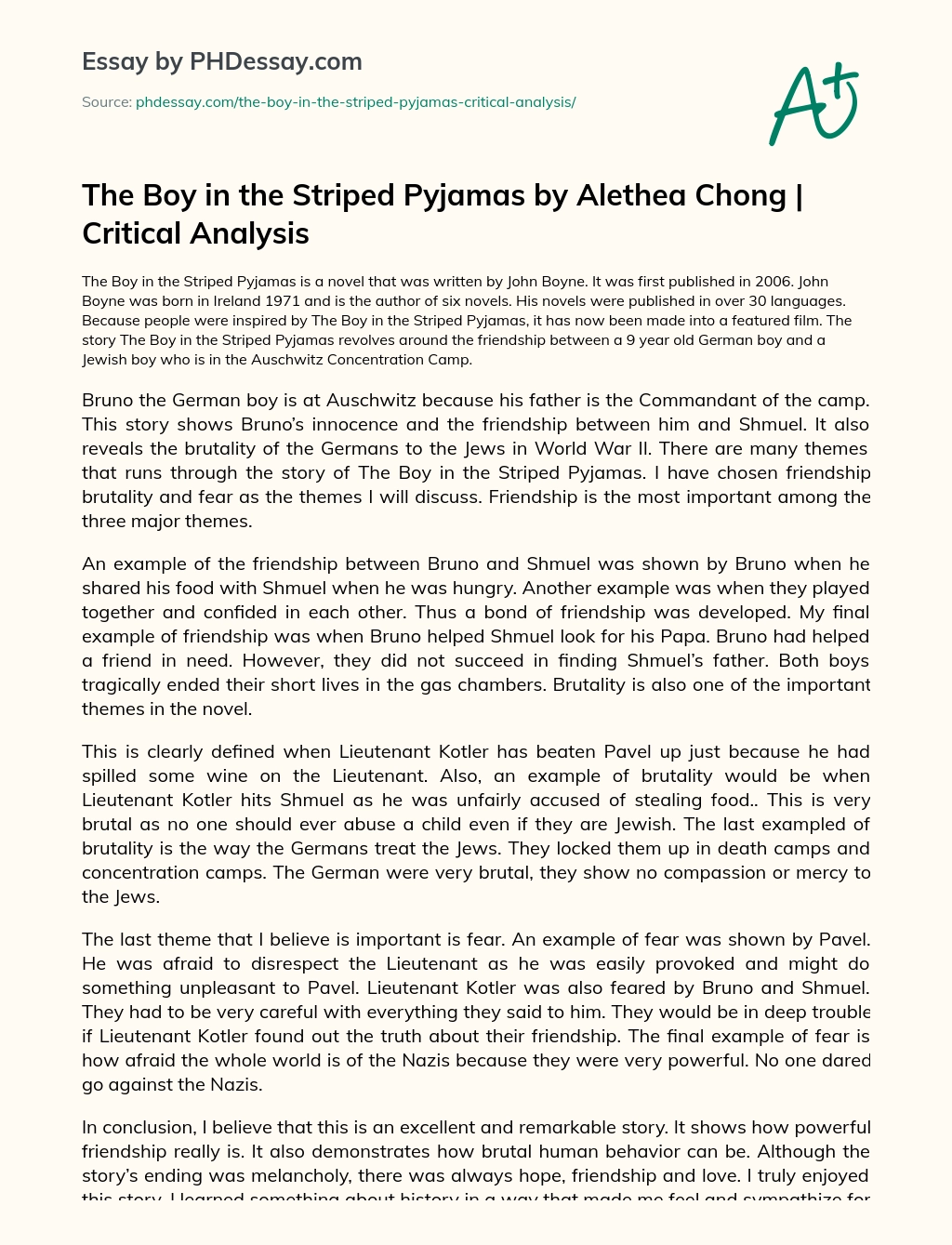 Nautisch lijden Klein The Boy In The Striped Pyjamas By Alethea Chong | Critical Analysis Essay  Example (600 Words) - PHDessay.com