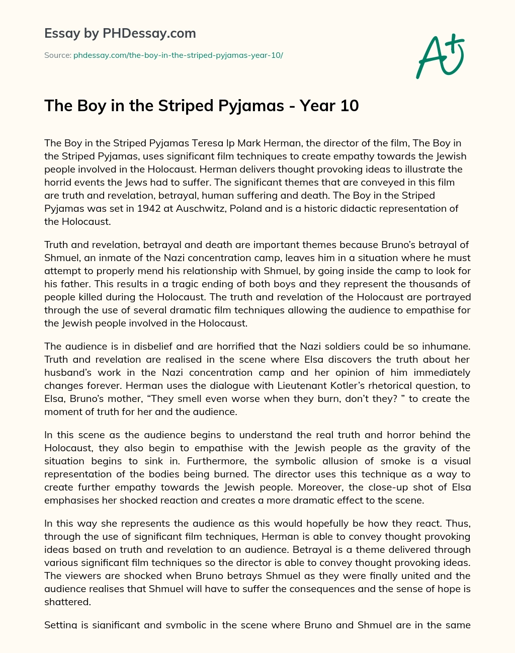 The Boy in the Striped Pyjamas – Year 10 essay