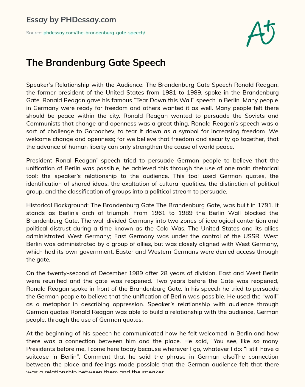 The Brandenburg Gate Speech essay