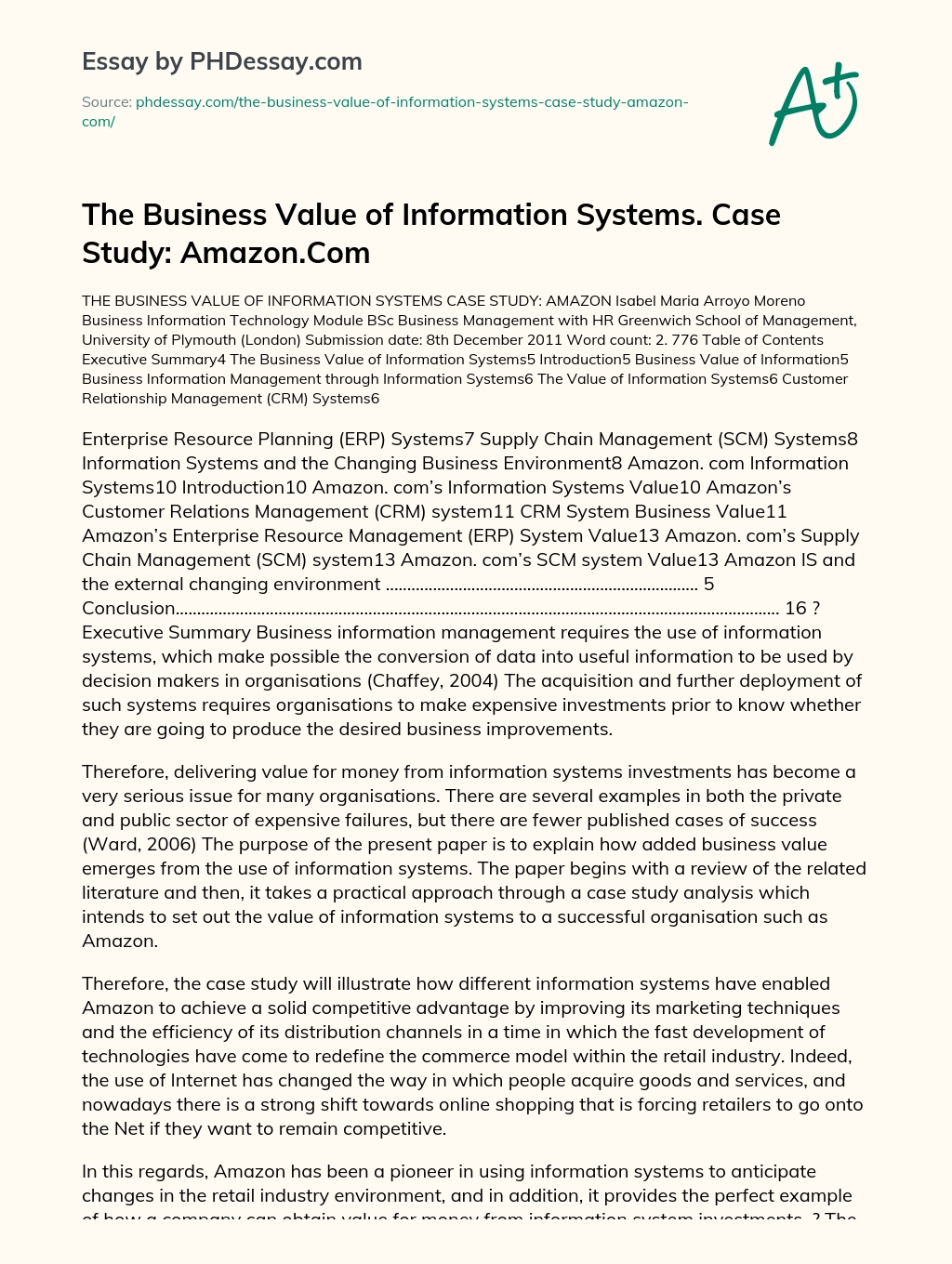 The Business Value of Information Systems. Case Study: Amazon.Com essay