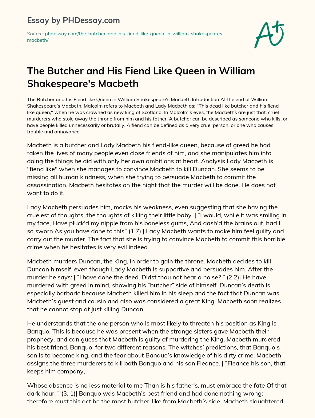 The Butcher and His Fiend Like Queen in William Shakespeare’s Macbeth essay